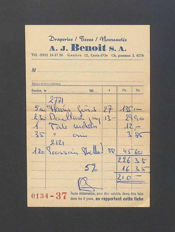 Rachunek, Drapieries/Tissus/Nouveautes A. J. Benois S. A.