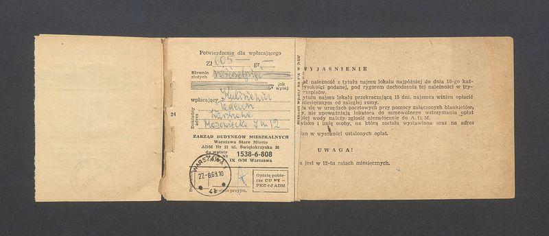 Książeczka opłat z tytułu najmu lokalu w Warszawie, na ulicy Mazowieckiej 7 m.12, część I