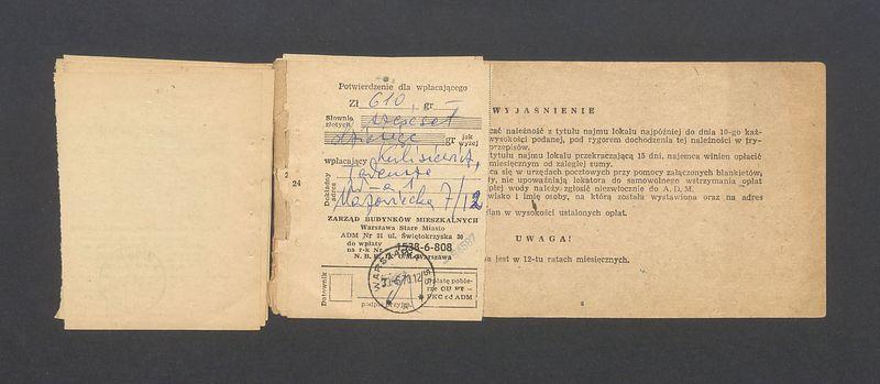 Książeczka opłat z tytułu najmu lokalu w Warszawie, na ulicy Mazowieckiej 7 m.12, część I