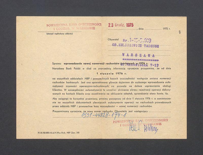 Pismo - informacja o wprowadzeniu nowej numeracji rachunków bankowych z dniem 1 stycznia 1976r.