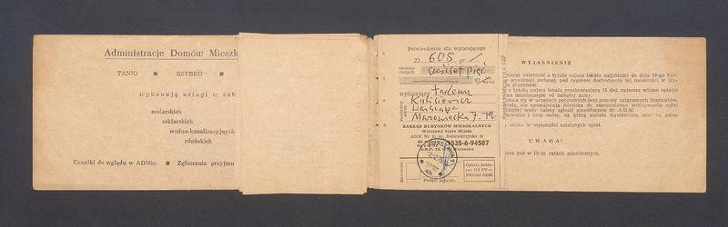 Książeczka opłat z tytułu najmu lokalu w Warszawie na ulicy Mazowieckiej 7 m.12, część I