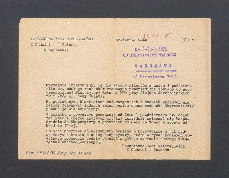 Pismo - informacja o przeniesieniu obsługi rachunków bankowych do nowej ekspozytury Rotundy PKO przy Alejach jerozolimskich nr 7