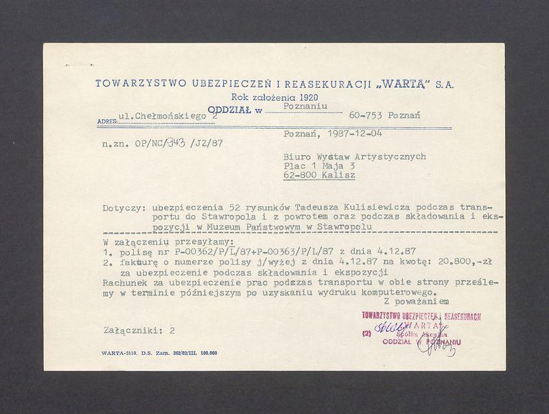 Ubezpieczenie 52. rysunków T. Kulisiewicza podczas transportu