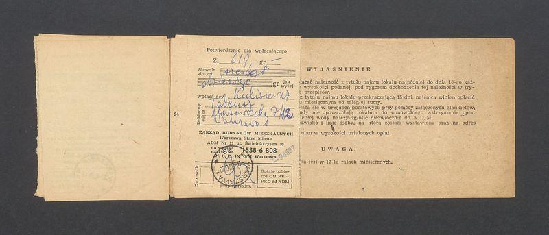 Książeczka opłat z tytułu najmu lokalu w Warszawie, na ulicy Mazowieckiej 7 m.12, część I