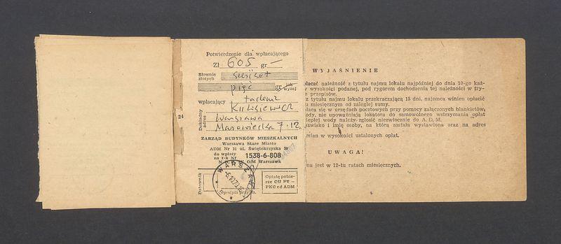Książeczka opłat z tytułu najmu lokalu w Warszawie, na ulicy Mazowieckiej 7 m.12, część I