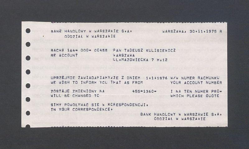 Zawiadomienie z Banku Handlowego w Warszawie o zmianie numeru rachunku
