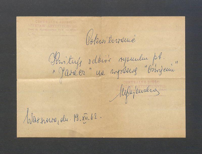 Pokwitowanie odbioru rysunku "Jaracz"