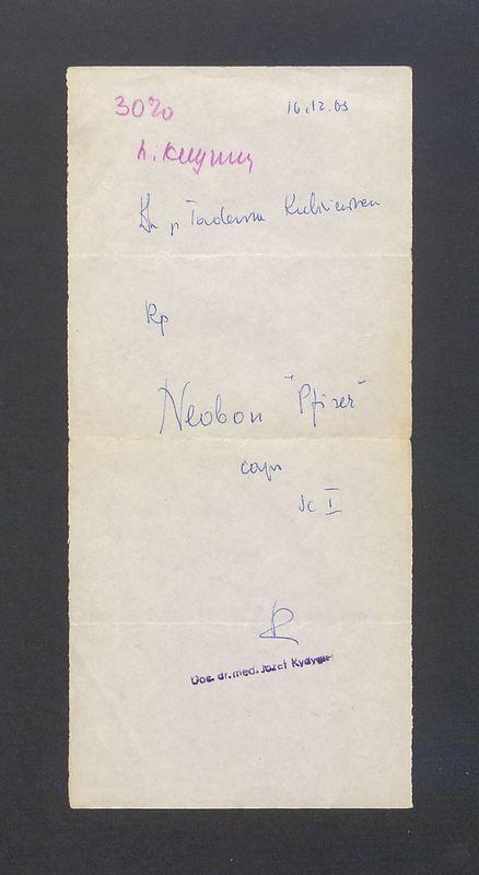 Recepta dla T. Kulisiewicza na lek Neobon wystawiona przez doc. dr  med. Józefa Rydygiera