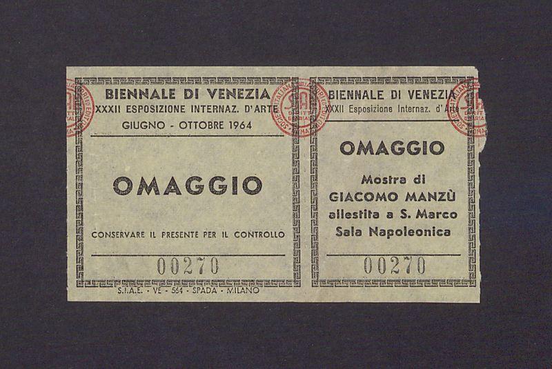 Bilet wstępu na wystawę Giacomo Manzu "Omaggio" na XXXII Biennale Weneckim