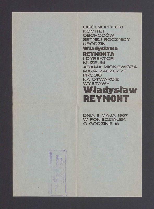 Zaproszenie na otwarcie wystawy "Władysław Reymont"