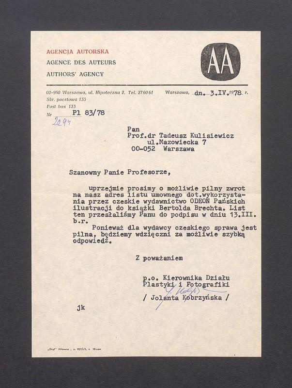 Agencja Autorska: prośba o zwrot listu umownego