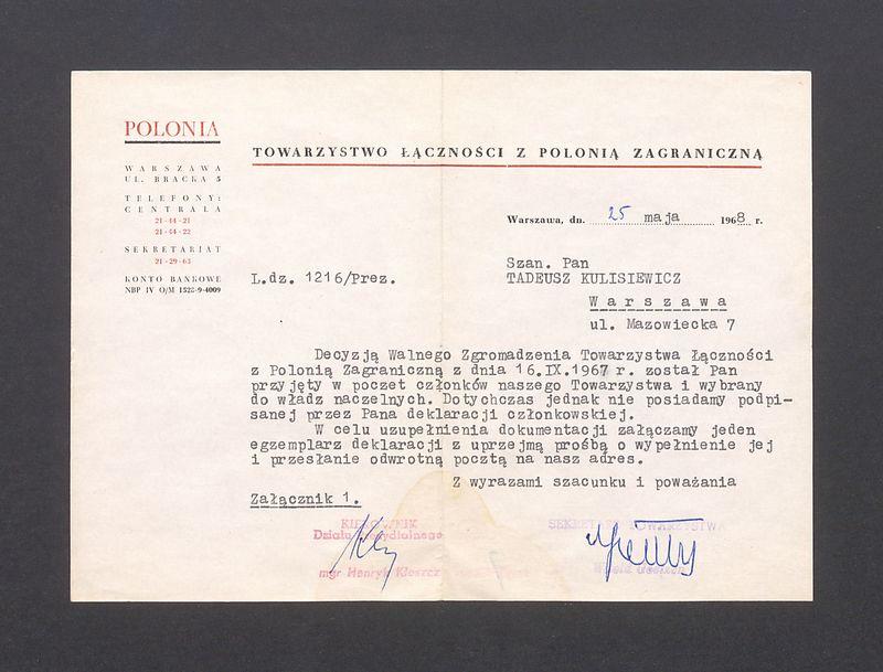 Towarzystwo Łączności z Polonią Zagraniczną: informacja o przyjęciu w poczet członków Towarzystwa