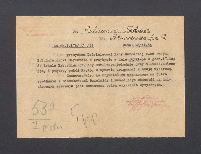 Prośba o przybycie do lokalu Prezydium Dz. Rady Nar. ws. związanej z akcją wyborczą