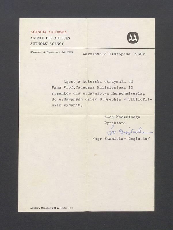 Agencja Autorska: potwierdzenie otrzymania rysunków do wydawnictwa Henschelverlag Berlin