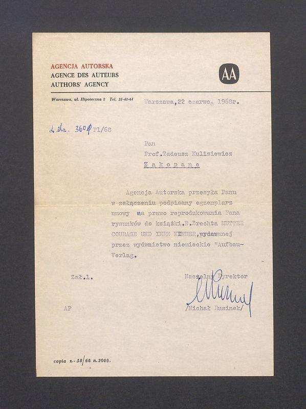 Agencja Autorska: w załączeniu podpisany egzemplarz umowy na ilustracje do Brechta