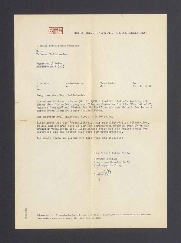 Sehr geehrter Herr Kulisiewicz! Wie unser Lektorat mir am 31.3.1968 mitteilte [...]