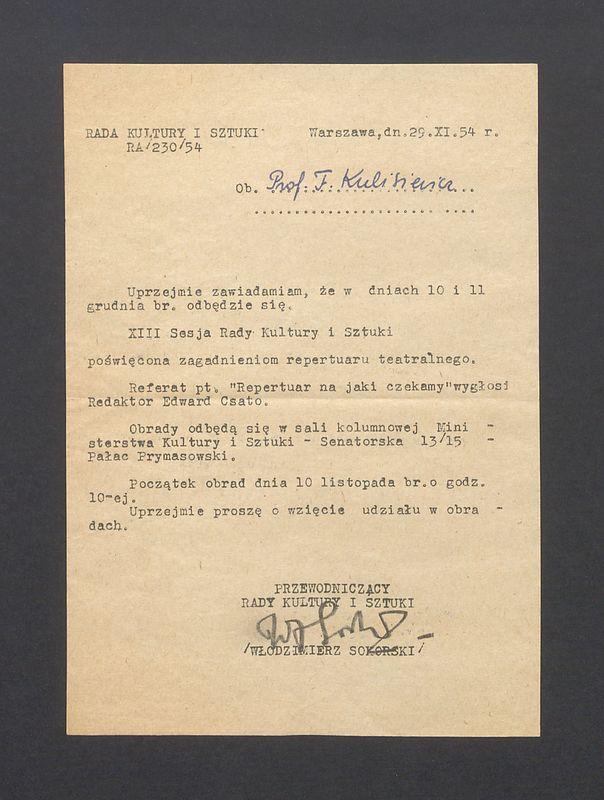 Zawiadomienie  o XIII Sesji Rady Kultury i Sztuki