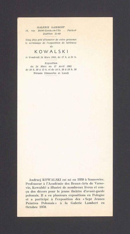 Galerie Lambert Vous etes prie d'honorer de votre presence le vernissage de l'exposition de tableaux de Kowalski