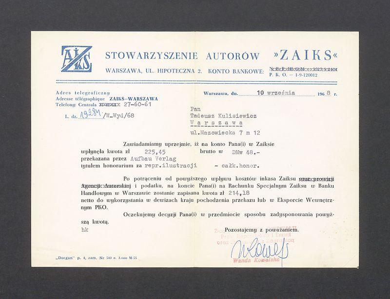 Stowarzyszenie Autorów "Zaiks": zawiadomienie o wpłynięciu honorarium pieniężnego na konto