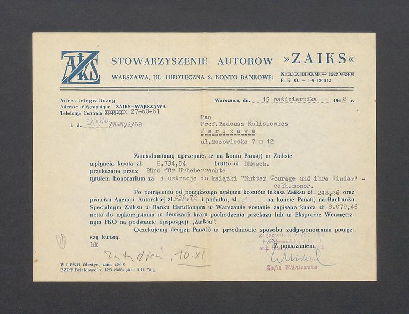 Stowarzyszenie Autorów "Zaiks": zawiadomienie o wpływie honorarium pieniężnego na konto