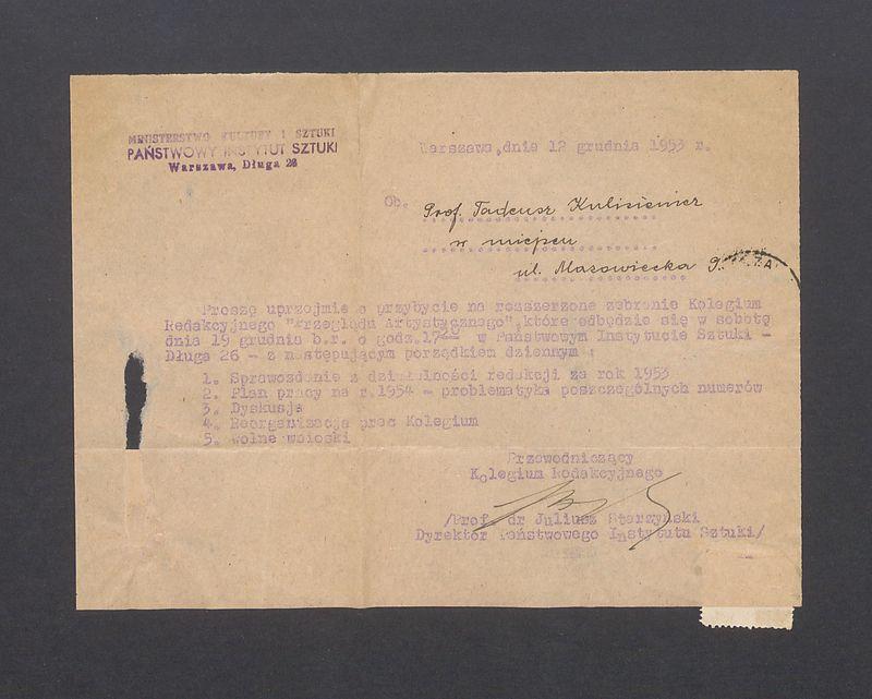 Prośba o przybycie na zebranie Kolegium Redakcyjnego "Przeglądu Artystycznego"