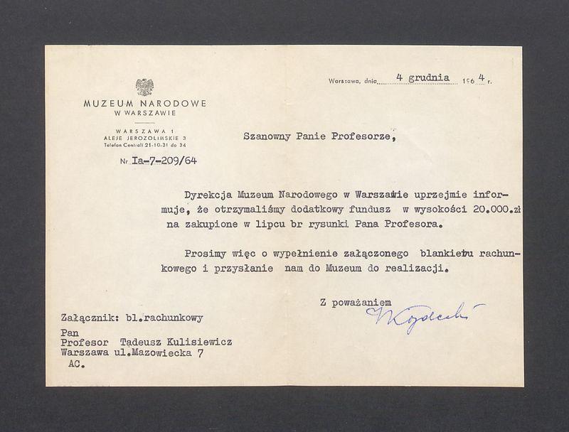 Informacja o otrzymaniu funduszu na rysunki T. Kulisiewicza przez Muzeum Narodowe w Warszawie