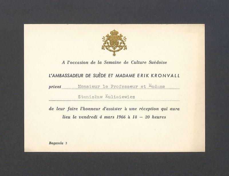 L'Ambassadeur de Suede et Madame Erik Kronvall prient Monsieur le Professeur et Madame Stanisław Kulisiewicz 