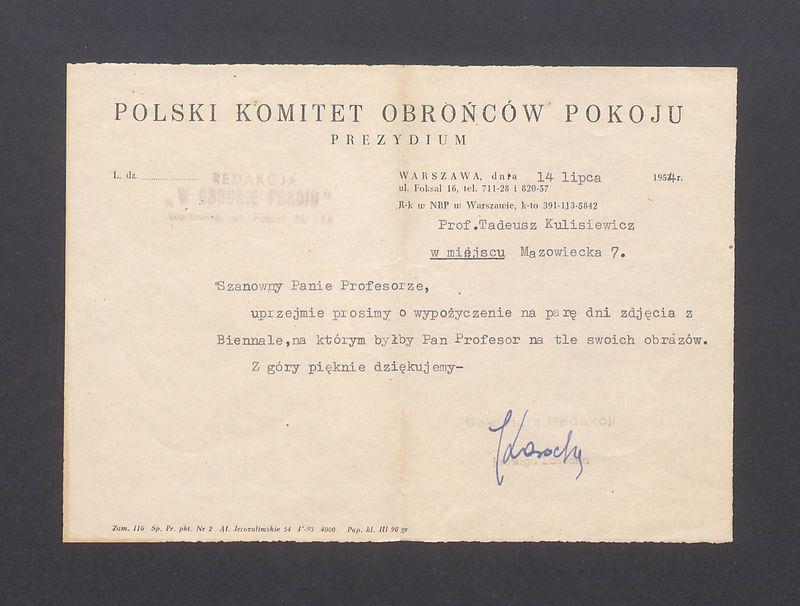 Polski Komitet Obrońców Pokoju: prośba o wypożyczenie fotografii z Biennale