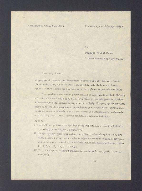 Narodowa Rada Kultury: pismo z prośbą o deklarację pracy