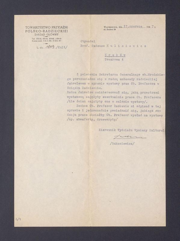 Towarzystwo Przyjaźni Polsko-Radzieckiej; ws. wystawy prac T. Kulisiewicza w ZSRR