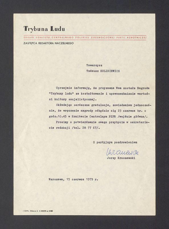 Informacja o przyznaniu Nagrody "Trybuny Ludu"