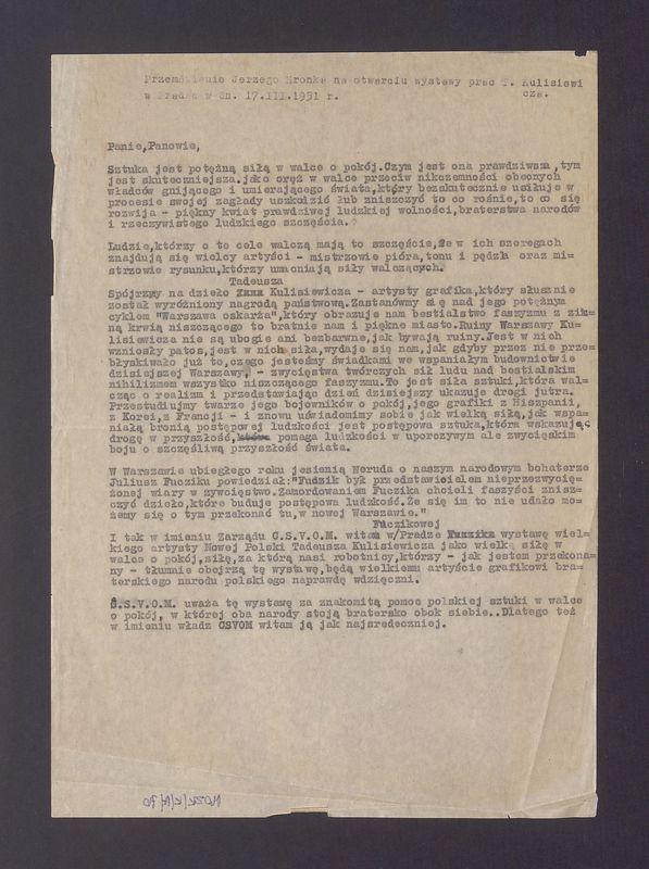 Przemówienie Jerzego Hronka na otwarciu wystawy prac T. Kulisiewicza w Pradze