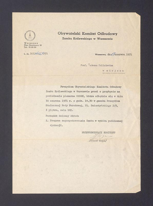 Obywatelski Komitet Odbudowy Zamku Królewskiego w Warszawie: zaproszenie na posiedzenie plenarne