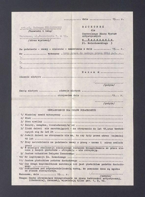 Centralne Biuro Wystaw Artystycznych: Pusty blankiet rachunku