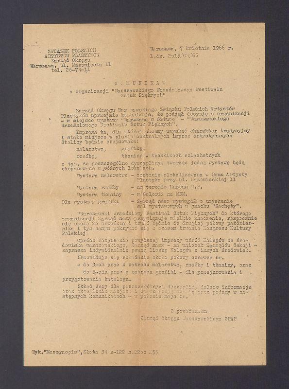 Związek Polskich Artystów Plastyków: komunikat o organizacji "Warszawskiego Wrześniowego Festiwalu Sztuk Pięknych"