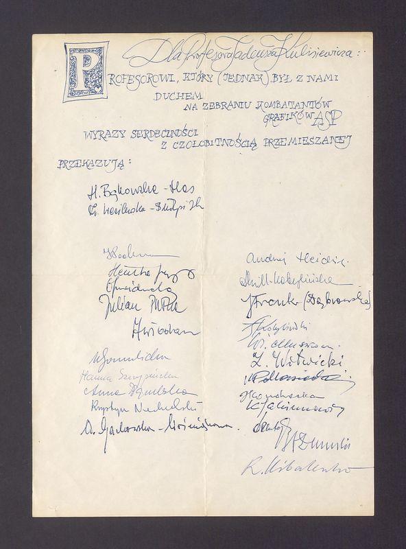 Życzenia dla T. Kulisiewicza z zebrania kombatantów grafików ASP