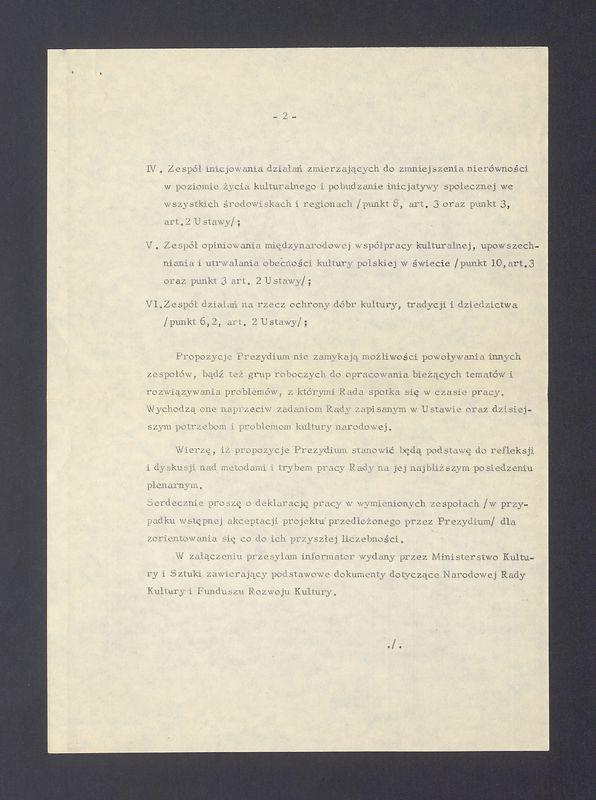 Narodowa Rada Kultury: pismo z prośbą o deklarację pracy