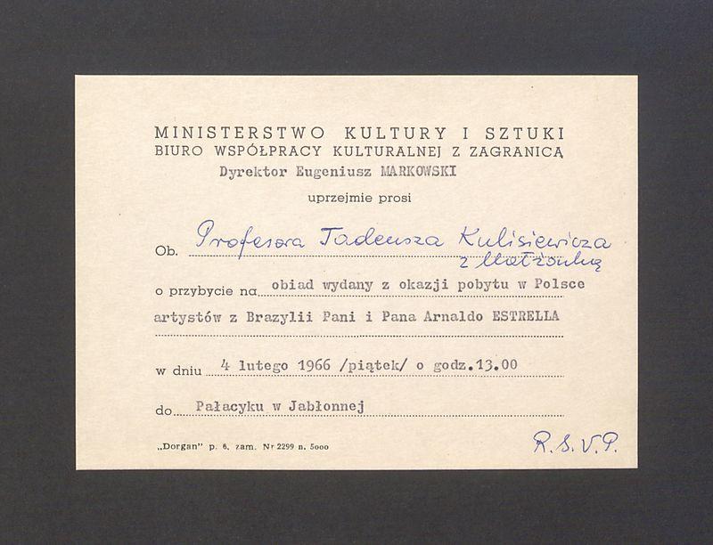 Zaproszenie na obiad wydany z okazji pobytu w Polsce artystów z Brazylii