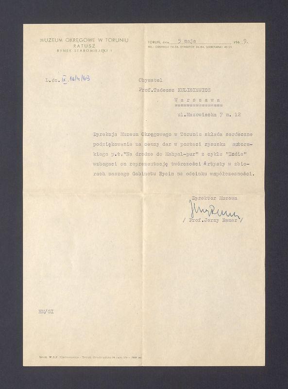 Muzeum Okręgowe w Toruniu: podziękowania za rysunek "Na drodze do Mahpalpur" 