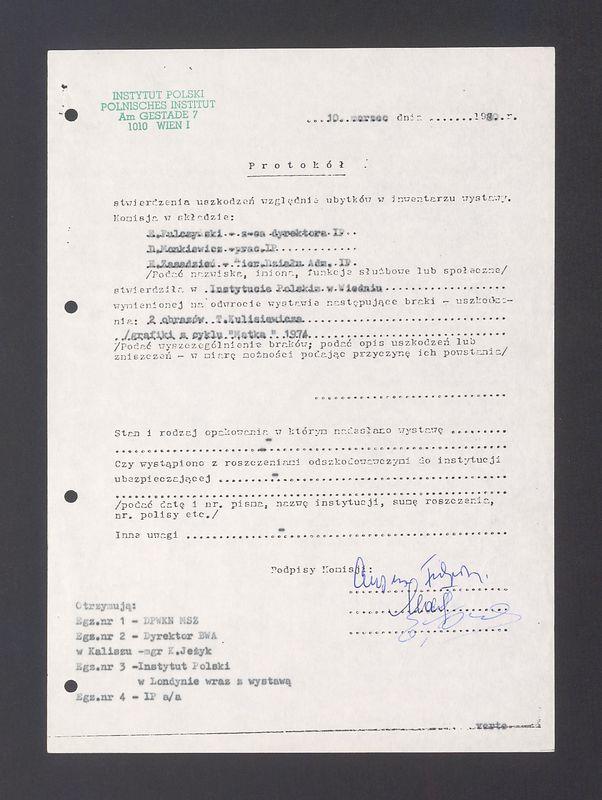 Protokół stwierdzenia uszkodzeń względnie ubytków w inwentarzu wystawy