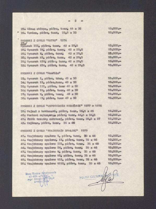 Wykaz prac prof. Tadeusza Kulisiewicza proponowanych na wystawę w Instytucie Kultury Polskiej w Londynie