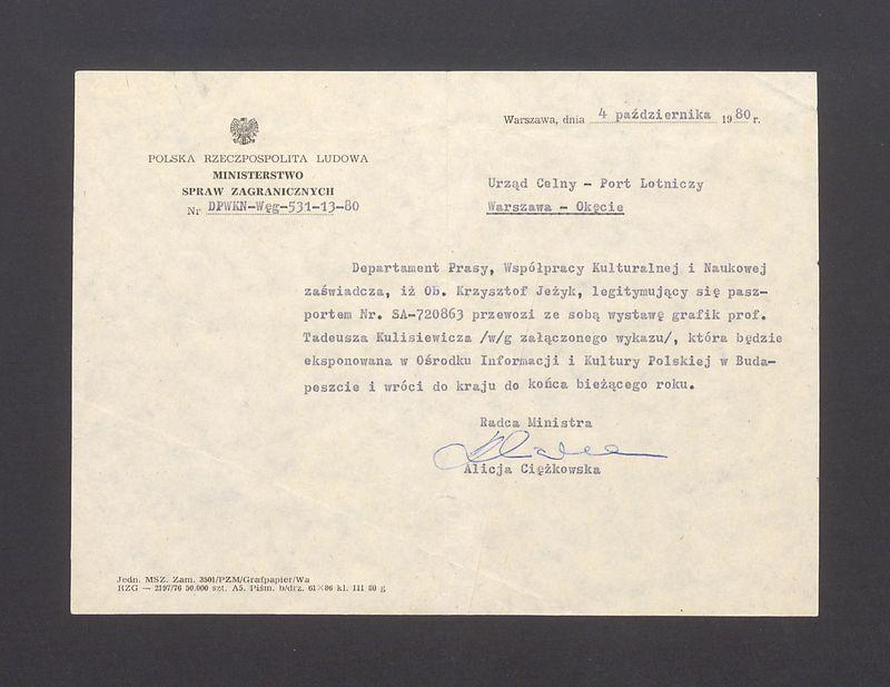 Zaświadczenie o przewozie grafik T. Kulisiewicza na ekspozycję w Budapeszcie