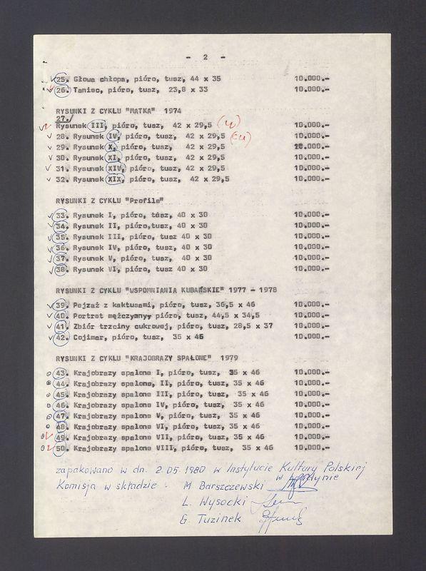 Wykaz prac prof. Tadeusza Kulisiewicza proponowanych na wystawę w Instytucie Kultury Polskiej w Londynie