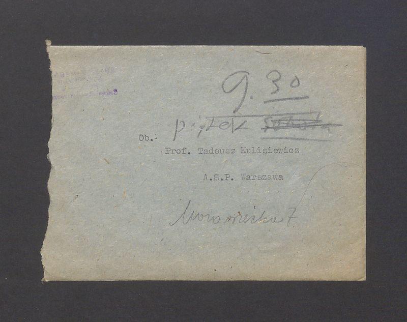 Koperta, adr. Ob. Prof. Tadeusz Kulisiewicz