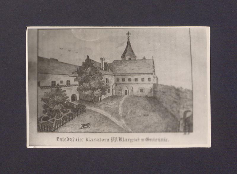 Klasztor Klarysek w Gnieźnie. Fotografia litografii wg rysunku F. Neya z 1843 roku.

