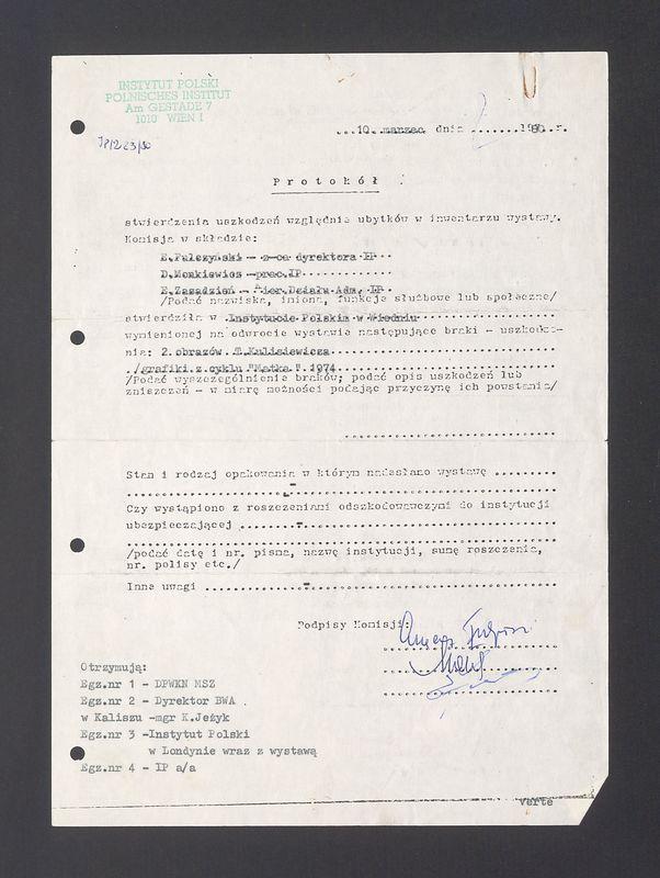 Protokół stwierdzenia uszkodzeń inwentarza wystawy