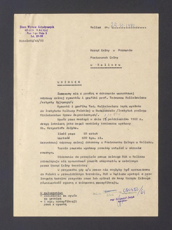 Wniosek o dokonanie warunkowej odprawy celnej rysunków i grafik Prof. Tadeusza Kulisiewicza