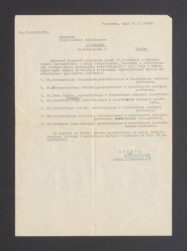 Prośba od Rektoratu ASP w Warszawie o wydanie opinii o pracy artystycznej kolegów