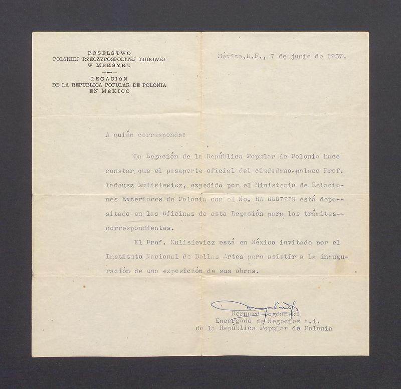 A quien corresponda: La Legacion de la Republica Popular de Polonia [...]