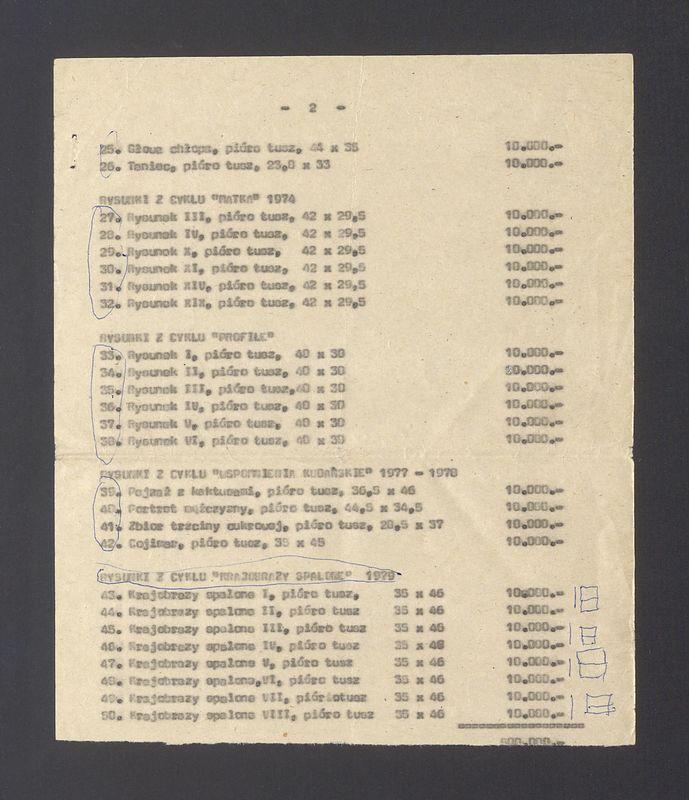 Wykaz prac prof. Tadeusza Kulisiewicza na wystawę w Ośrodku Informacji i Kultury Polskiej w Pradze